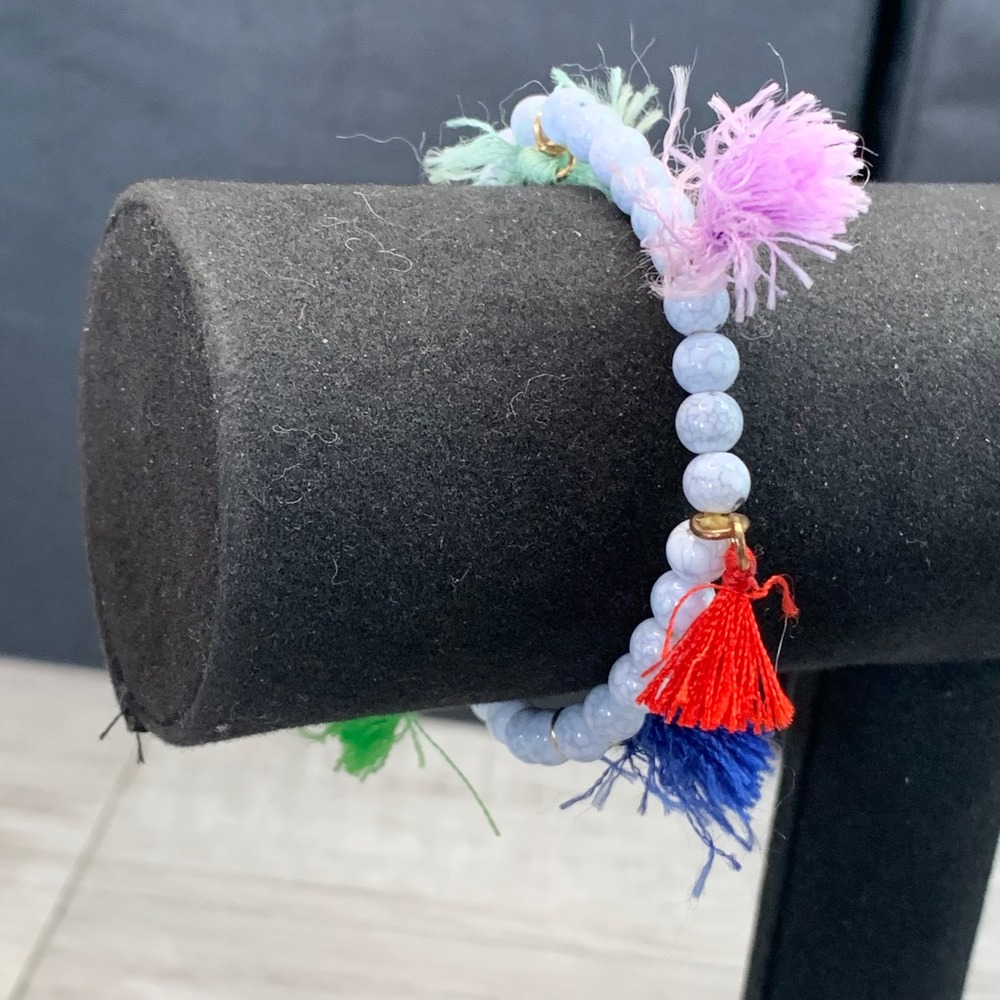 Boho White Crackle Bead Stretch Bracelet with Multi Color Tassels 5518